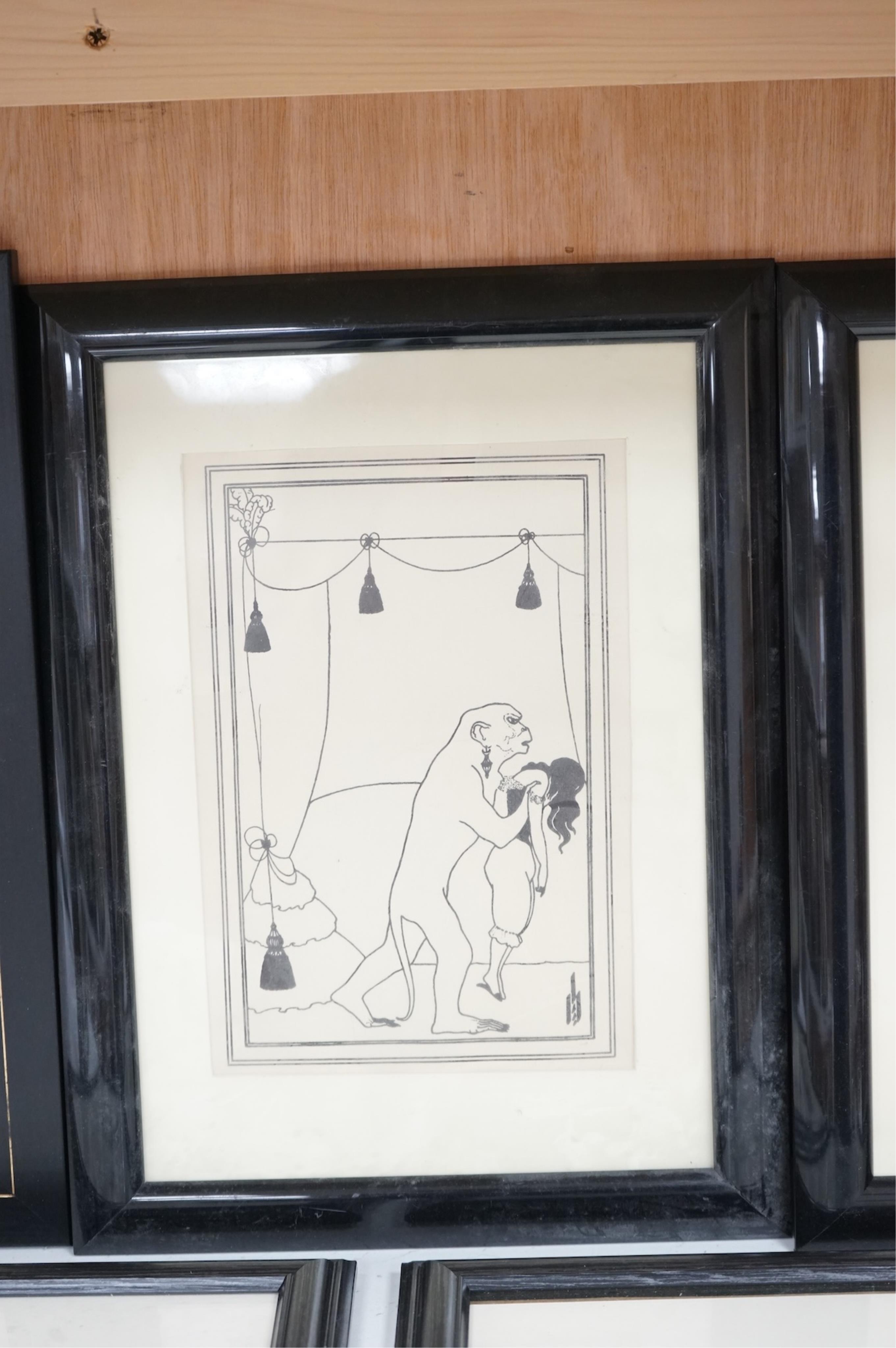 After Aubrey Beardsley (1872-1898), various scenes to include ‘Messalina’ and 'The Stomach Dancer', unsigned, eight prints, largest 24 x 17cm